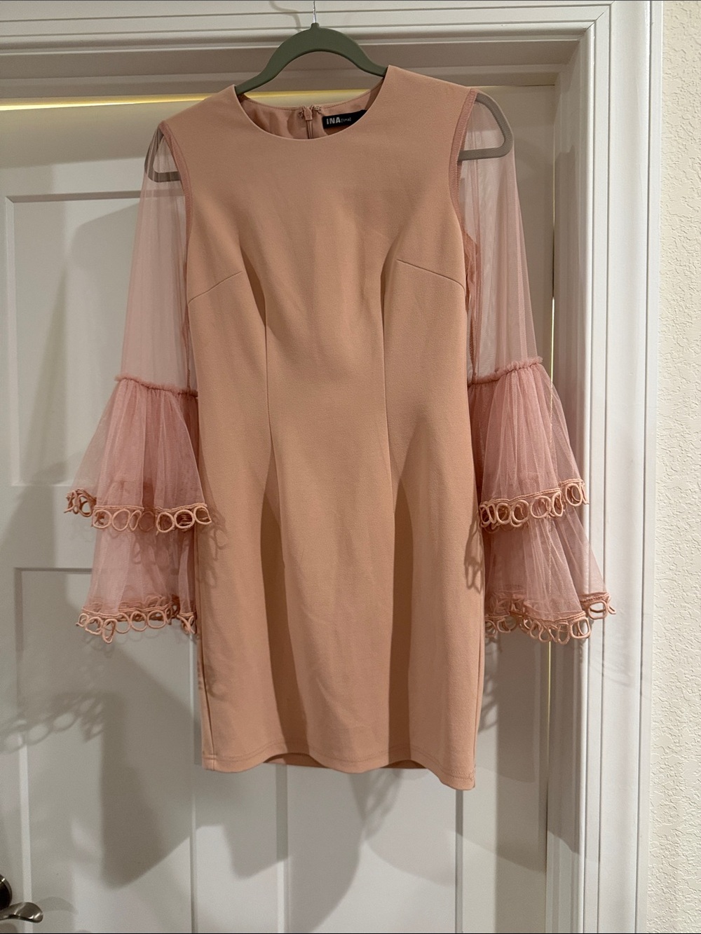 Ina Blush Pink Mini Dress with Tiered Lace Mesh Sleeves